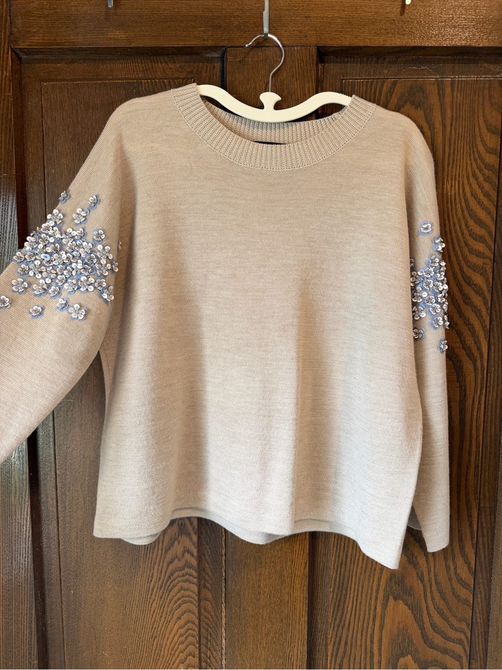J. Crew Cream Crewneck Sweater with Beaded Sleeve Accents